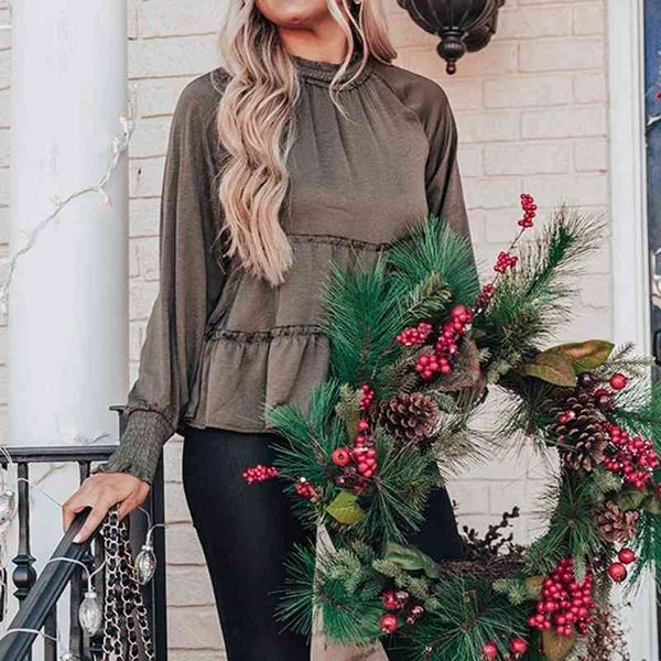 

women's blouses & shirts ruffles o neck blouse long lantern sleeve casual solid loose female christmas year ce9x, White