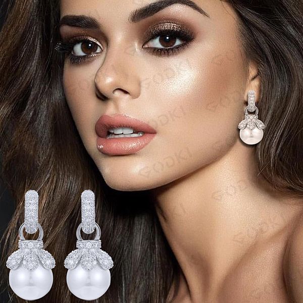 

godki 35mm luxury imitation pearl dangle for women wedding full cubic zircon crystal cz dubai indian bridal earrings, Golden