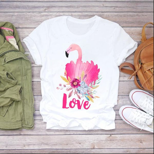 

women womens t shirt cute cartoon love flower flamingo animal beach summer ladies shirts graphic female tee, White
