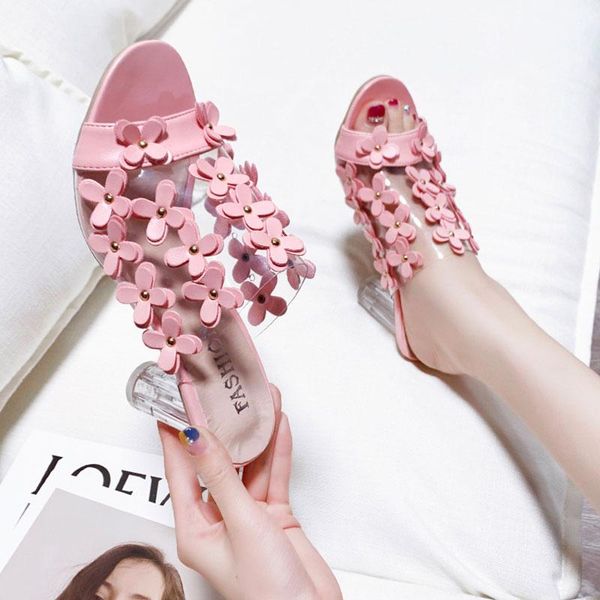

summer women transparent flower applique sandals brand girls beach thick high heels shoes designer outdoor casual crystal, Black