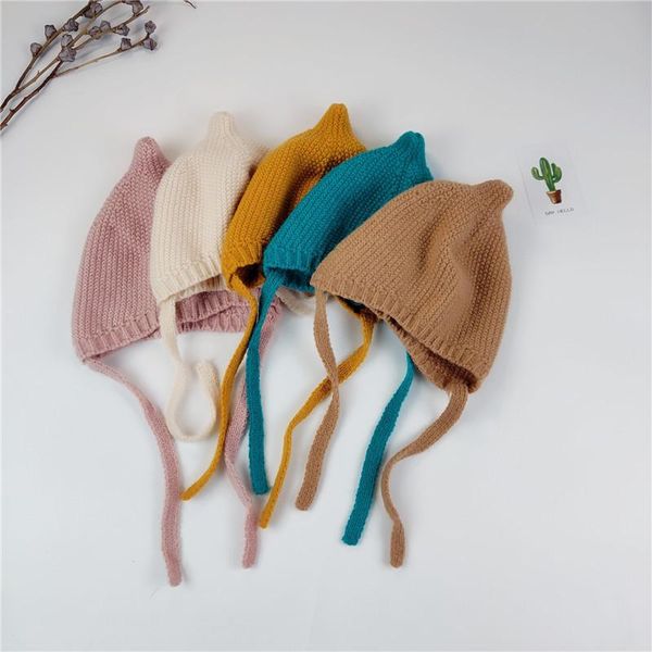 

caps & hats 0-2 years cute baby bonnet hat warm knitted girl boy autumn winter solid color lacing infant toddler beanie cap 9 colors, Yellow
