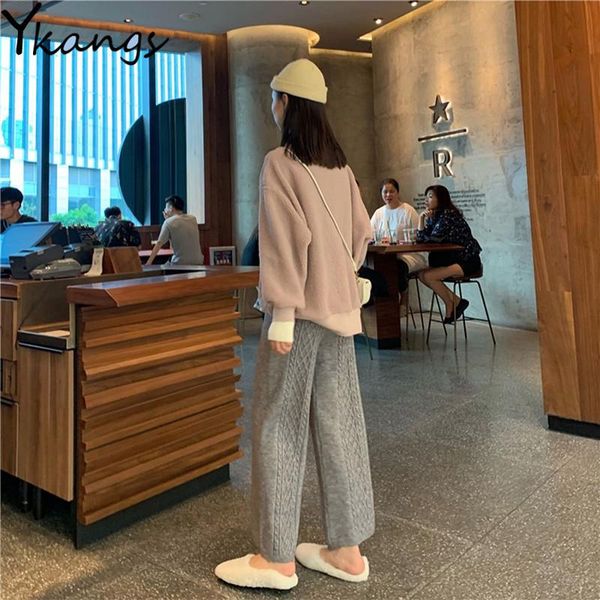 

knit solid color wide leg pants women comfortable autumn and winter fashion trousers high waist loose korean style straight pant women', Black;white