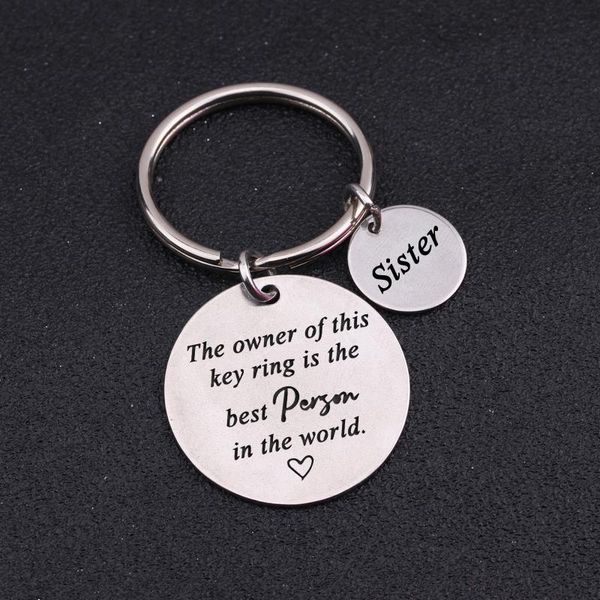 

keychains the owner of this key ring is person in world brother sister dad mom custom jewelry engraved tag keychain, Silver