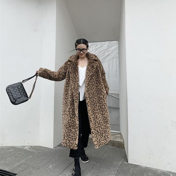 

women's fur & faux leopard print coat women oversized loose thick warm winter 2021 notched collar female outwear, Black