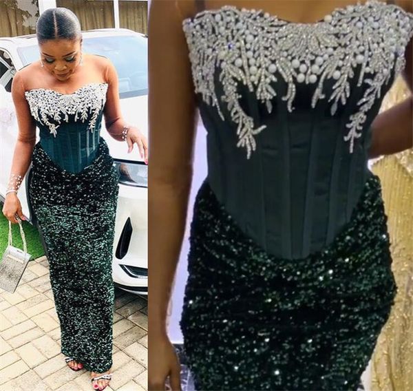 

2021 plus size arabic aso ebi black crystals pearls prom dresses sheer neck long sleeves sequined evening formal party second reception gown