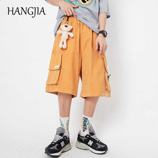

high street corduroy cargo shorts fashionable retro harajuku bear pendant short loose casual men women patchwork knee length c0607, White;black