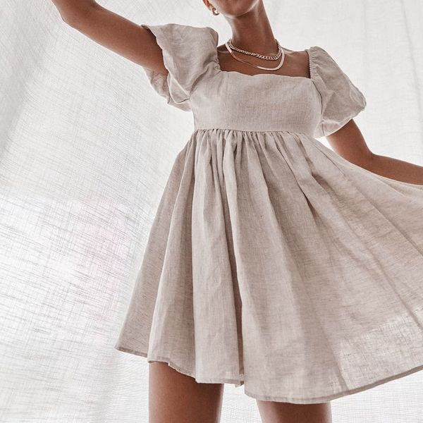 

propcm vintage casual short dress summer women puff sleeve a line dresses high waist square collar linen ladies dress khaki, Black;gray