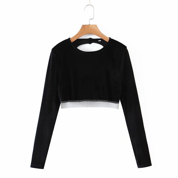 

women's knits & tees women solid slim veet shirts fashion ladies chic backless short elegant female streetwear beading t, White