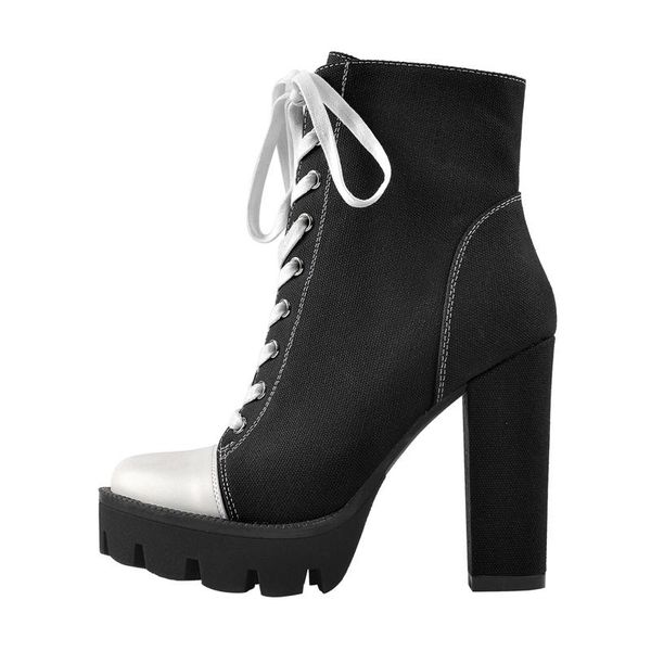 

boots onlymaker sports sneaker red black ankle round toe patchwork chunky high heel lace-up platform canvas pumps side zipper