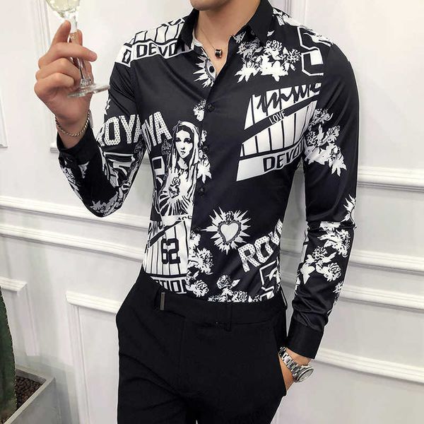 

brand autumn men shirt mary print long sleeve shirts business casual slim fit party club dress shirts camisa social masculina 210527, White;black