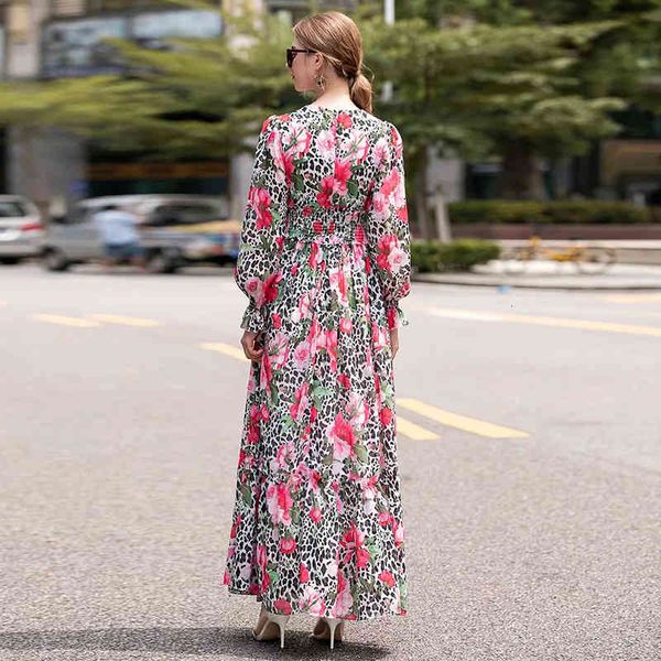 

dress seqinyy design elegant 2021 springtime mode long sleeve elastic belt pink flowers ed as leopard printed, Black;gray