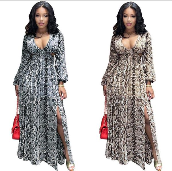 

casual dresses charming women 2021 autumn long sleeves fashion serpentine print deep v-neck lady s-2xl side split, Black;gray
