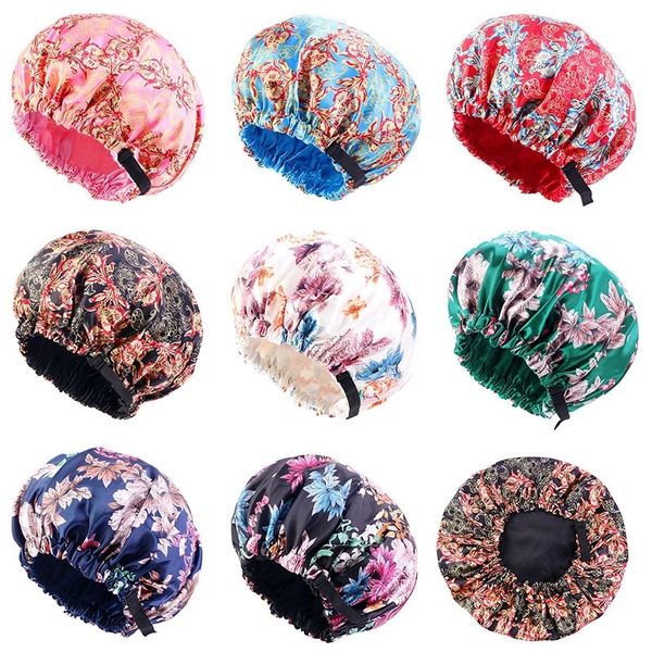 

adjustable printed satin night cap double-layer chemotherapy shower bonnet hat women flower pattern satin hats, Blue;gray