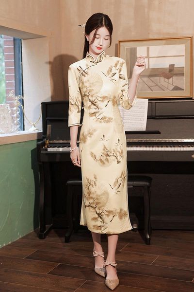 

ethnic clothing autumn women half sleeve printed suede long qipao elegant orientale mandarin collar cheongsam oversize 4xl, Red