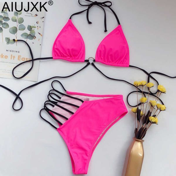 Sexy Set AIUJXK Neue 2020 Sommer String Biquini Frauen Halter Bademode Neon Farbe Dessous Frau Bh Und Panty Hohe Taille 2 stück Badeanzug L2304