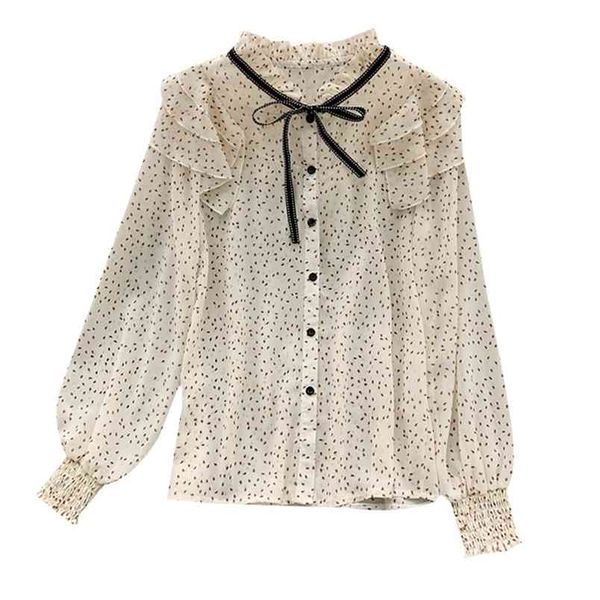 

women's shirt pollka dot chiffon long sleeves loose ruffled bow lacing office lady blouse ml841 210506, White