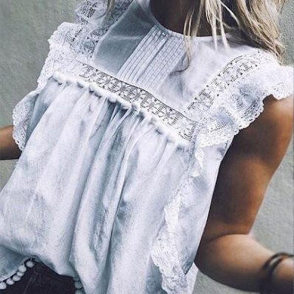 

white tassel sleeveless women's tunic blouse lace ruffled patchwork o-neck feminine blouses summer solid ladies tunics 210524