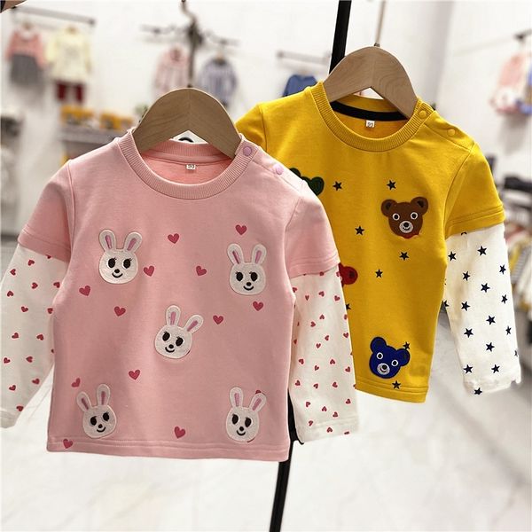 

21 spring boys baby miki fake two-piece embroidery bear rabbits pattern upper long sleeve t-shirt 2505, Blue;red