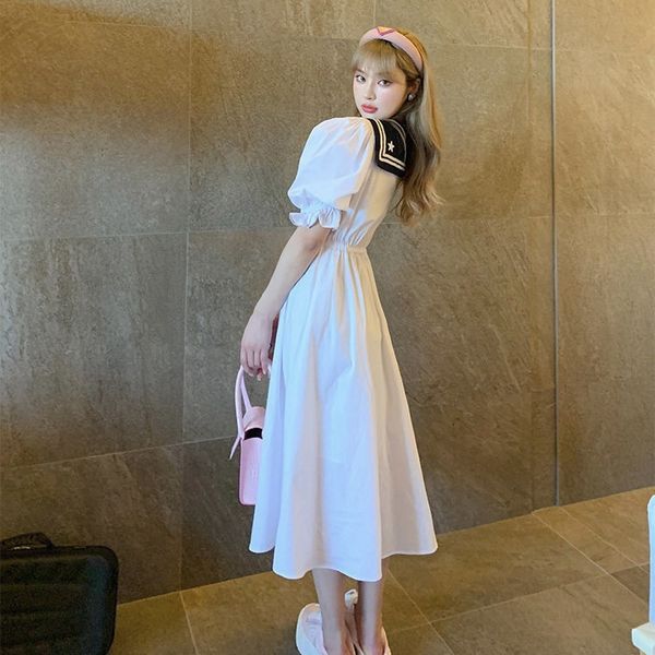 

home 2021 summer new navy feng shui hand collar bubble sleeve dress, Black;gray