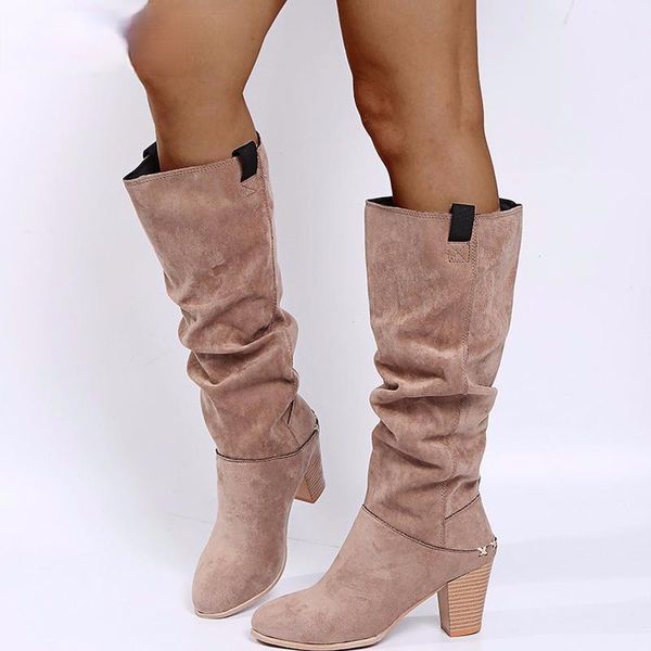

boots 2021 autumn winter women fashion pleated design faux suede knee-high comfortable loose high heels female shoes, Black