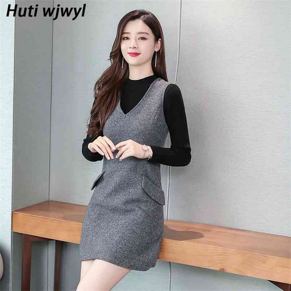 

sweater+woolen dress winter casual two-piece suit plus size women wool sweater solid bodycon warm party vestidos set 210528, White