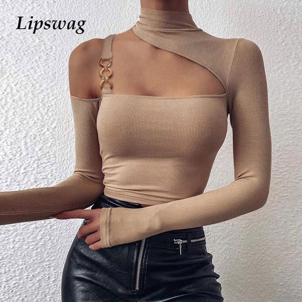 

women's blouses & shirts off shoulder chain strap bodycon blouse women hollow out long sleeve blusa shirt lady spring autumn turtleneck, White