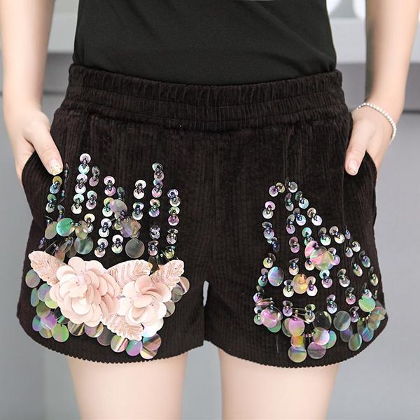 

women's shorts sequined corduroy feminino fashion beaded high waisted outwear women all-match slim wide leg, White;black