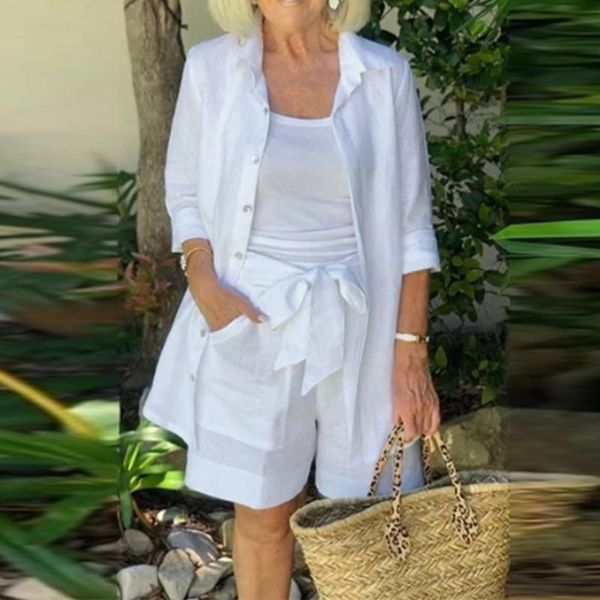 

women's tracksuits autumn fashion women solid three piece sets sling+bow short pants + cardigan shirts coat spring loose button suits, Gray