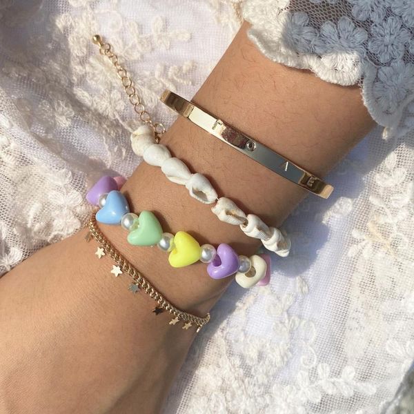 

link, chain 4pcs/set bohemia geometric colorful heart imitation pearl beaded bracelet for women fashion beach natural shell jewelry, Black