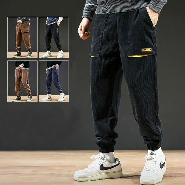 

men's pants corduroy cargo men spring ankle banded casual - korean loose harem trousers khaki 69na, Black