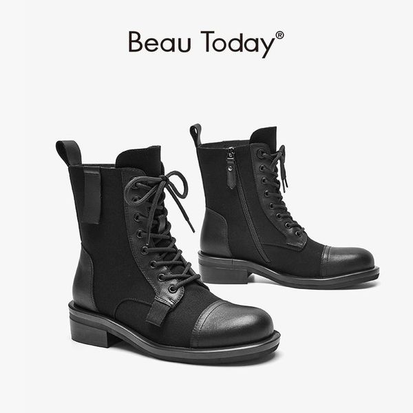 

boots beautoday ankle women stretch fabric cow leather patchwork zip lace up ladies motorcycle shoes handmade 03857, Black