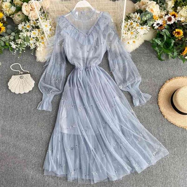 

summer dress elegant fairy long sweet women mesh sequined party es lantern sleeve ruffles vestidos 12042 210421, Black;gray