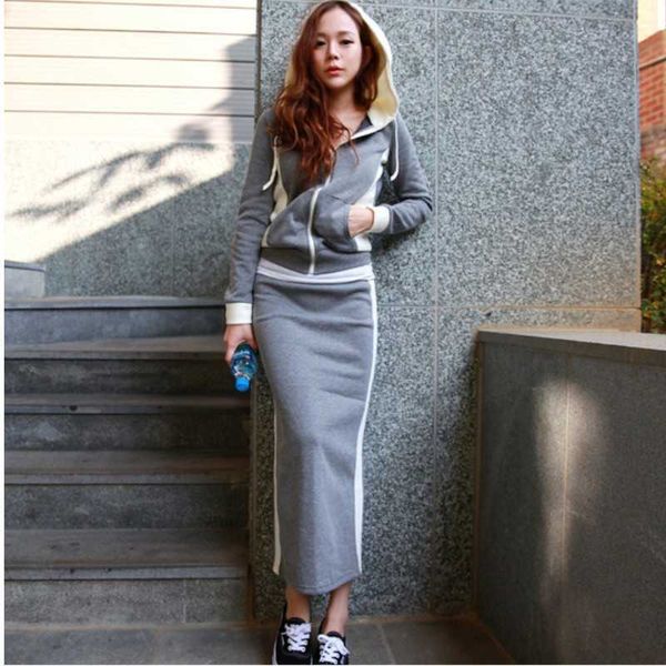 

autumn fashion 2 pieces set sweatshirt long sleeve hooded high waist pencil skirts female casual sportswear 210526, White