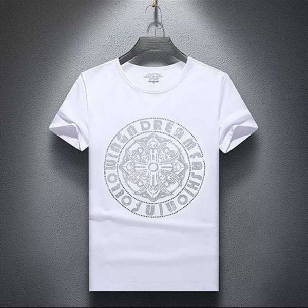 

crosin 00% summer fashion brand diamond t-shirt short sleeve men's round neck social lad big size base shi brand 7xi8, White