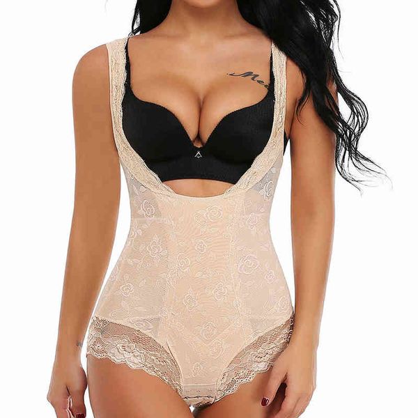 Bayan Moly Dantel Tam Vücut Şekillendirici Karın Kontrol Bodysuit Bel Cincher Underbust Shapewear Zayıflama Eğitmen Külot Izgara Korse Y220311