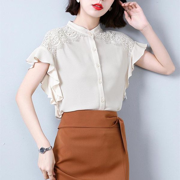 

women's blouses & shirts 2021 workwear reffle sleeve button summer solid apricot lace for womens clothing blusas female, White