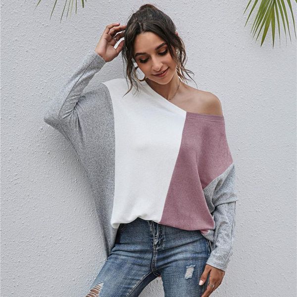

women's blouses & shirts womens long sleeve one shoulder shirt v neck color block patchwork tunic loose casual sweaters, White