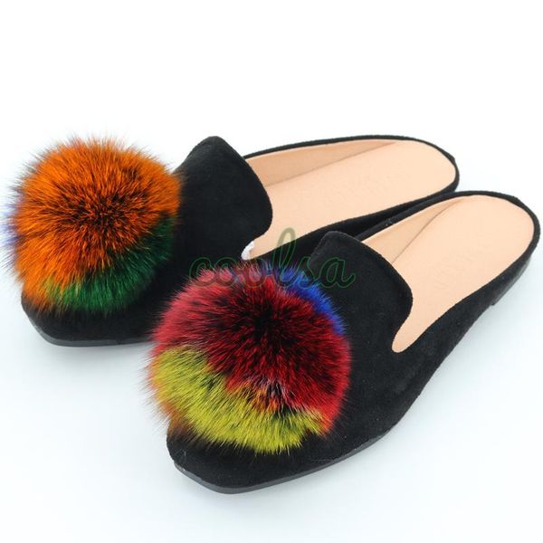 

winter women mule shoes slippers cute pom mules real fur flip flops fluffy slides flat velvet woman furry slip on, Black