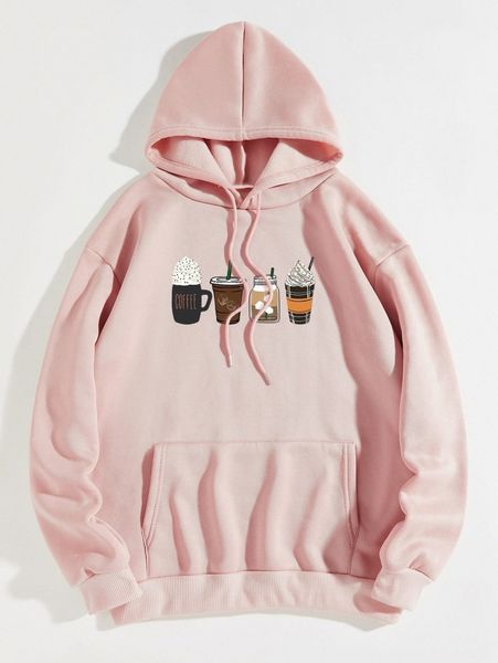 

cup print drawstring thermal lined hoodie g1pc#, White;black