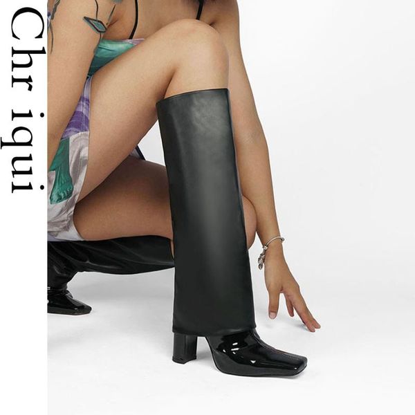 

boots chriqui women black knee high pipe slip on fashion mode lady heels squared toe solid stlye footwear