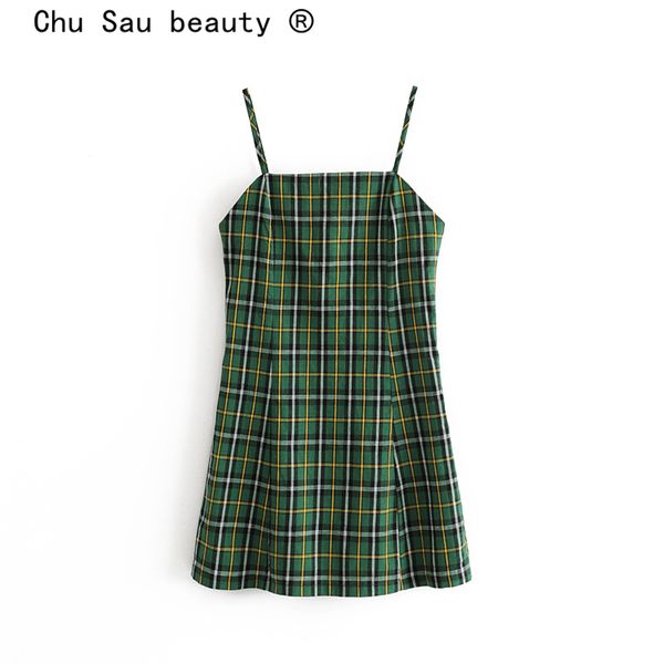 Chu Sau beauty Sexy Style Vintage Plaid Stampato Midi Strap Dress Donna Sweet Chic Slim Mini Abiti Vestidos De Verano 210508