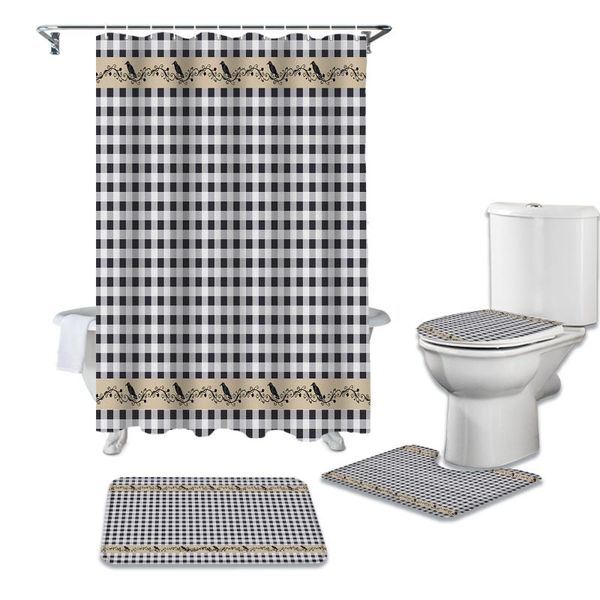 Duschvorhänge, Halloween-Thema, weiß, schwarz, kariert, Vorhang, Toilettendeckelbezug, Badematten-Set, Badezimmer, rutschfester Teppich, Badewanne, Heimdekoration