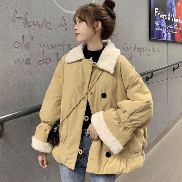 

women's jackets [ewq] 2021 winter for women sweet version of casual thickened warm loose long sleeve cotton imitation lamb wool coat 8d, Black;brown