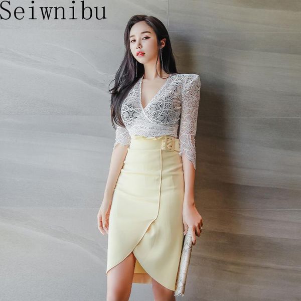 

women's summer ol 2 pieces suits perspective lace crop + high waist sheath bodycon pencil skirt office lady set two piece dress, White