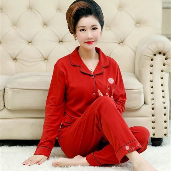 

women's sleepwear high-end double cotton pajamas female autumn winter middle-aged women pyjamas set long sleeves plus size home wear pi, Black;red