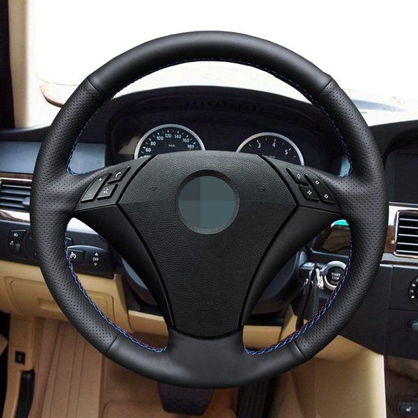 

steering wheel covers hand-stitched black genuine leather car cover for e60 (sedan) 530d 2003-2009 e61 (touring) 2004 2005-2009