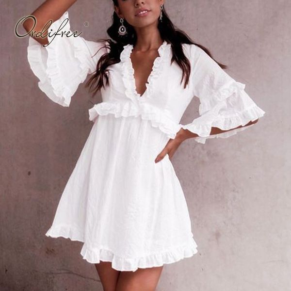 

summer women ruffle mini half sleeve white beach dress 210415, Black;gray