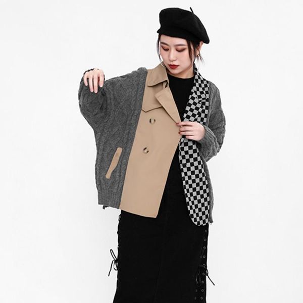 

women's jackets [ewq] overcoat plaid stitching women jacket chic knitted clothing outerwear 2022 spring autumn long-sleeved coat, Black;brown