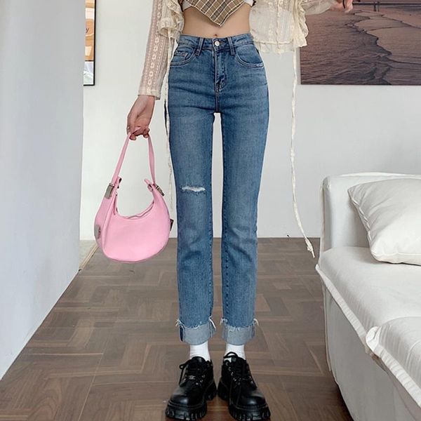 

women's jeans autumn/winter pierced straight tube slim fit pipe pants 2021 small high waist nine point fashion, Blue