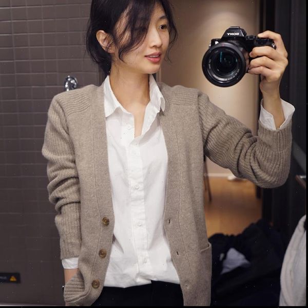 

womens sweater arrival wool knit cardigan cashmere v neck short paragraph loose long sleeved coat solid color thickening, White;black